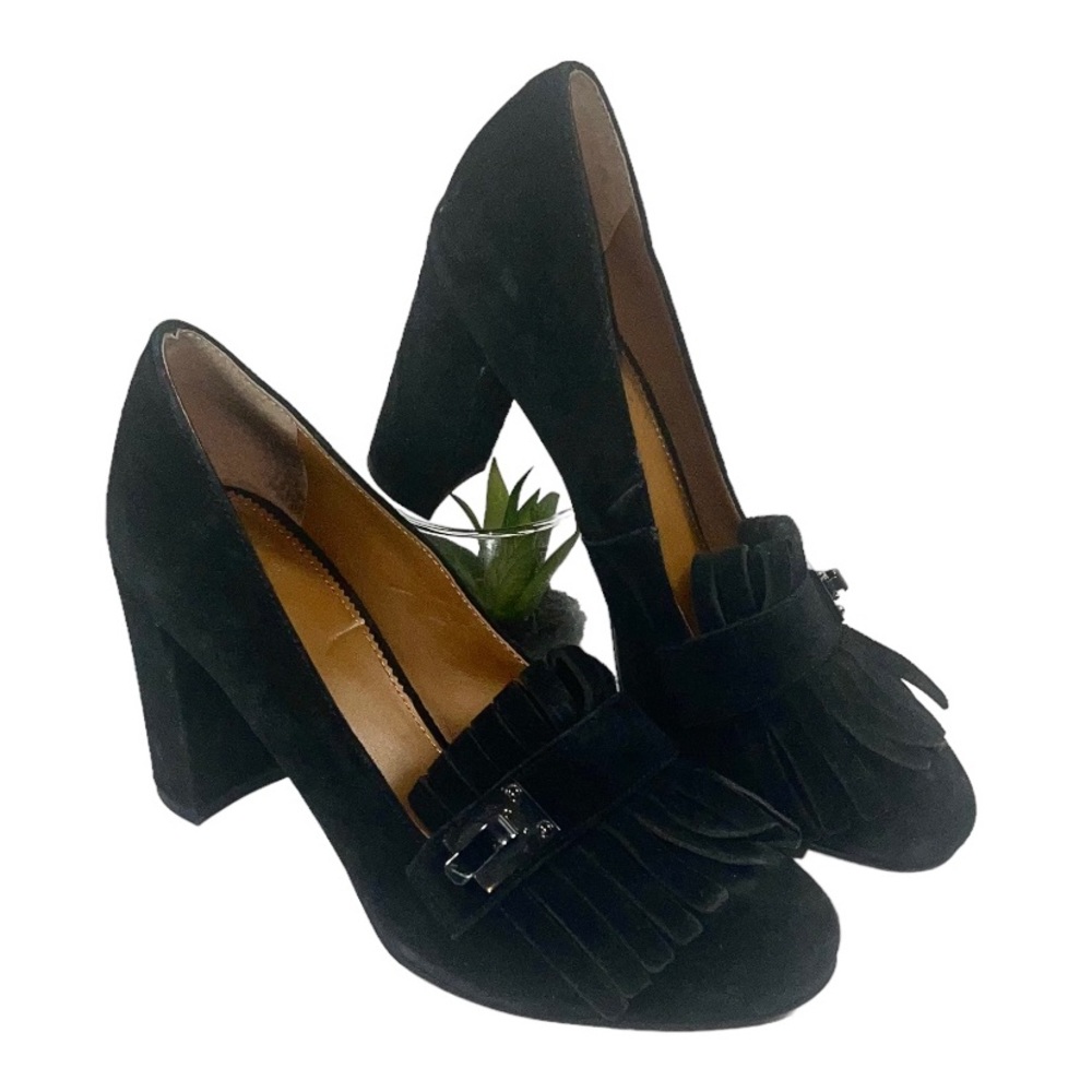 Franco Sarto black Suede Ainsley loafer pump block heel tassel fringe toes